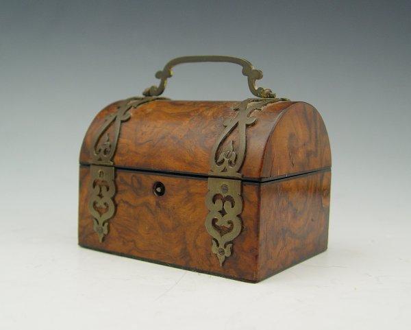 Appraisal: DIMINUTIVE TEA CADDY Burl walnut veneer dome top caddy with