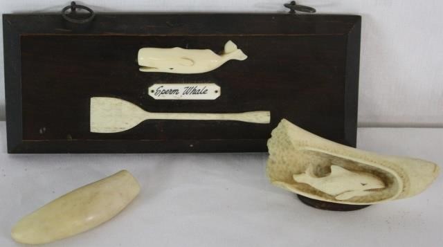 Appraisal: THREE SCRIMSHAW WHALING ITEMS TO INCLUDE ACARVED TOOTH WITH INSET