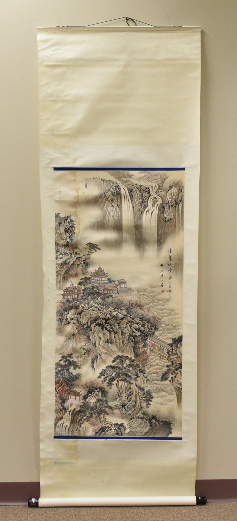 Appraisal: CHINESE PAINTING OF WATERFALL BY YUAN JIANG with waterfalls houses