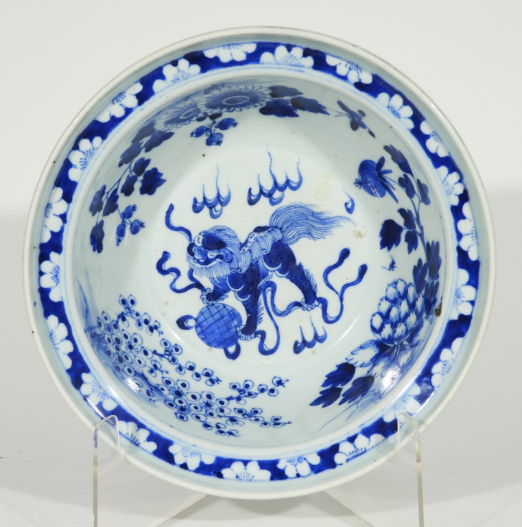 Appraisal: CHINESE QING DYNASTY BLUE WHITE FOO LION BOWL China th