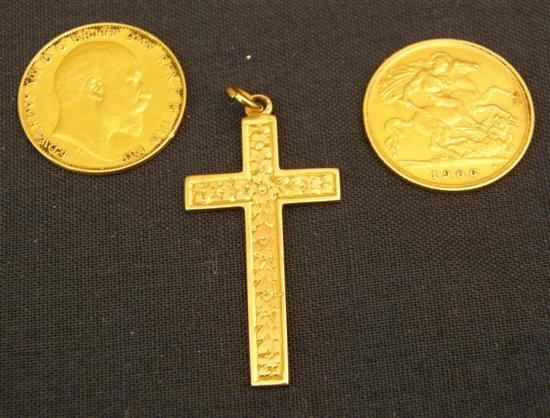 Appraisal: Two gold half sovereigns and a ct gold cross pendant