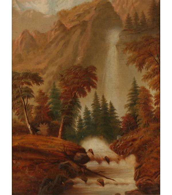 Appraisal: Mountain landscape with waterfall oil on canvas laid on board