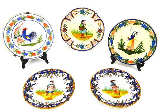 Appraisal: Five th C Quimper hand-painted faience display plates pair matching