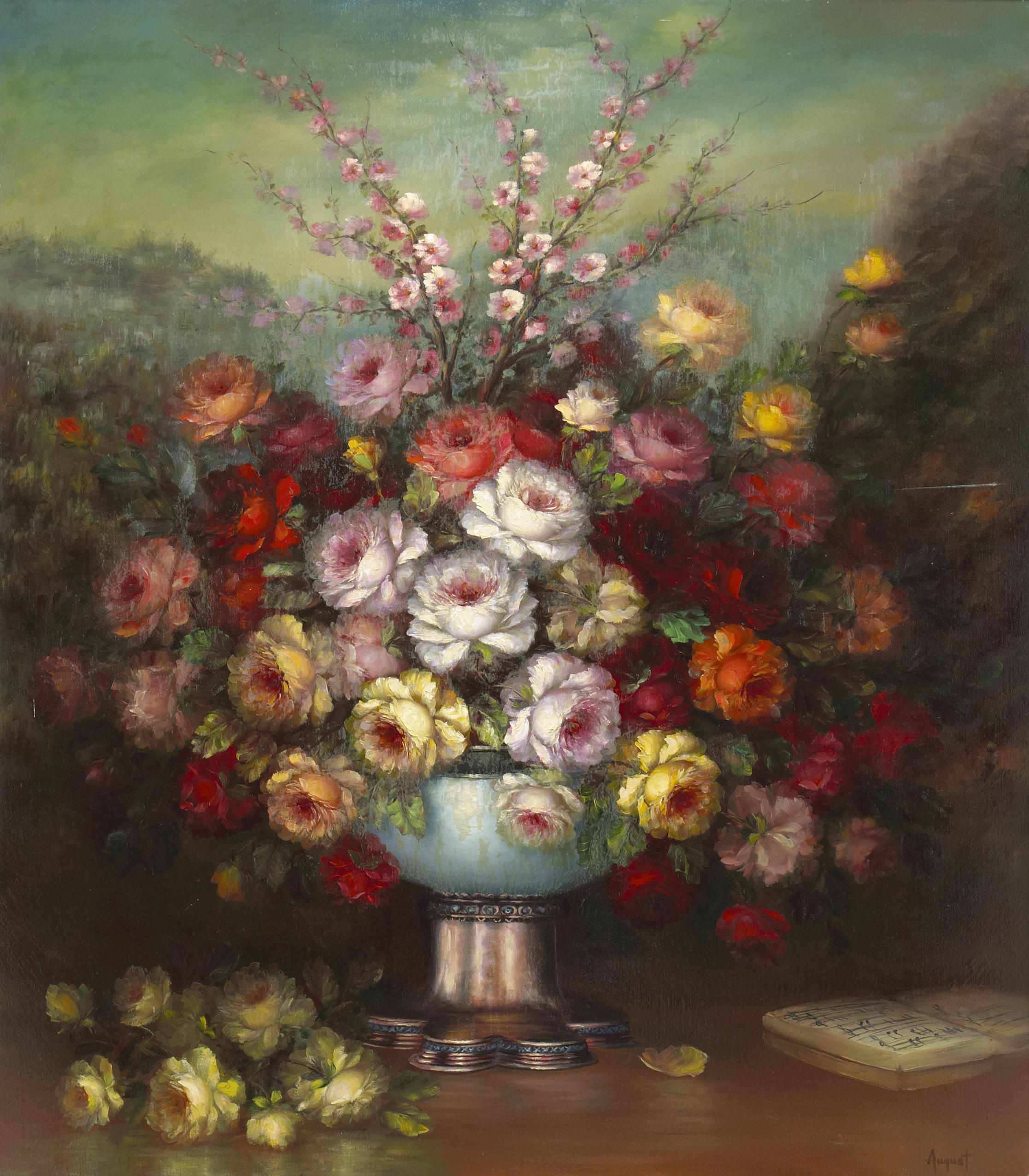 Appraisal: Artist Unknown Floral Grande signed 'August' lower right oil on