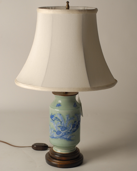 Appraisal: Celadon Table Lamp blue relief of birds butterflies and flowers