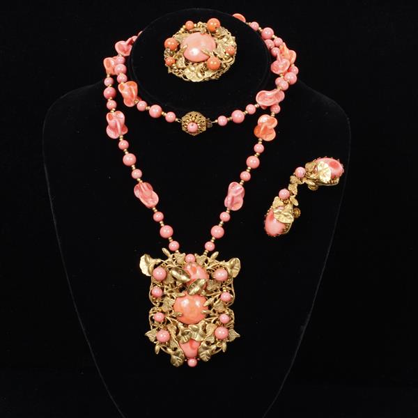 Appraisal: Miriam Haskell pc Coral Necklace Pin Clip on Earrings Necklace