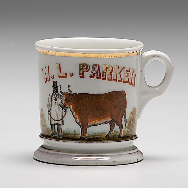 Appraisal: CATTLE AUCTIONEER'S OCCUPATIONAL SHAVING MUG porcelain with polychrome scene of