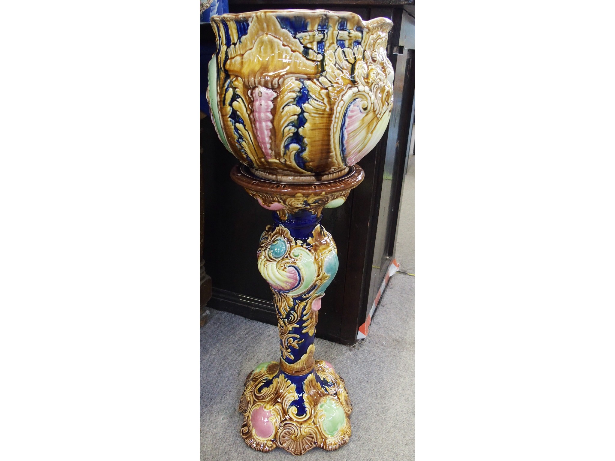 Appraisal: Majolica nautilus jardiniere on pedestal