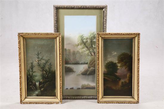 Appraisal: THREE LANDSCAPE PICTURES Pair of oil on canvas paintings by