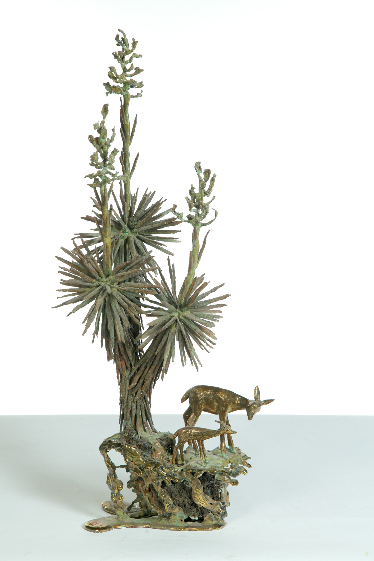 Appraisal: BRONZE SCULPTURE OF DOE AND FAWN UNDER A YUCCA TREE