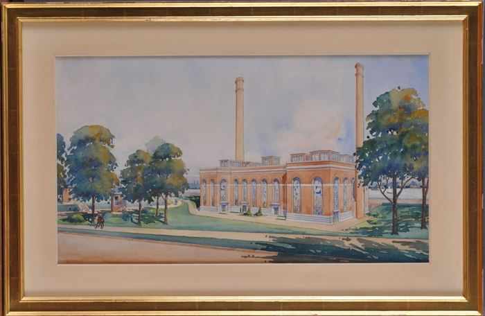 Appraisal: TH C SCHOOL POWER PLANT RIVERSIDE Watercolor and pencil x