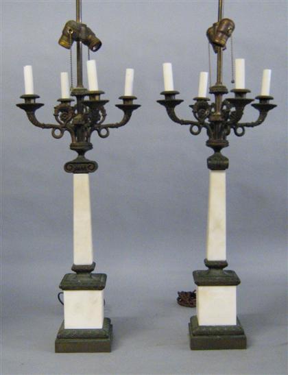 Appraisal: Pair of alabaster and bronze four-arm candelabra Each with an