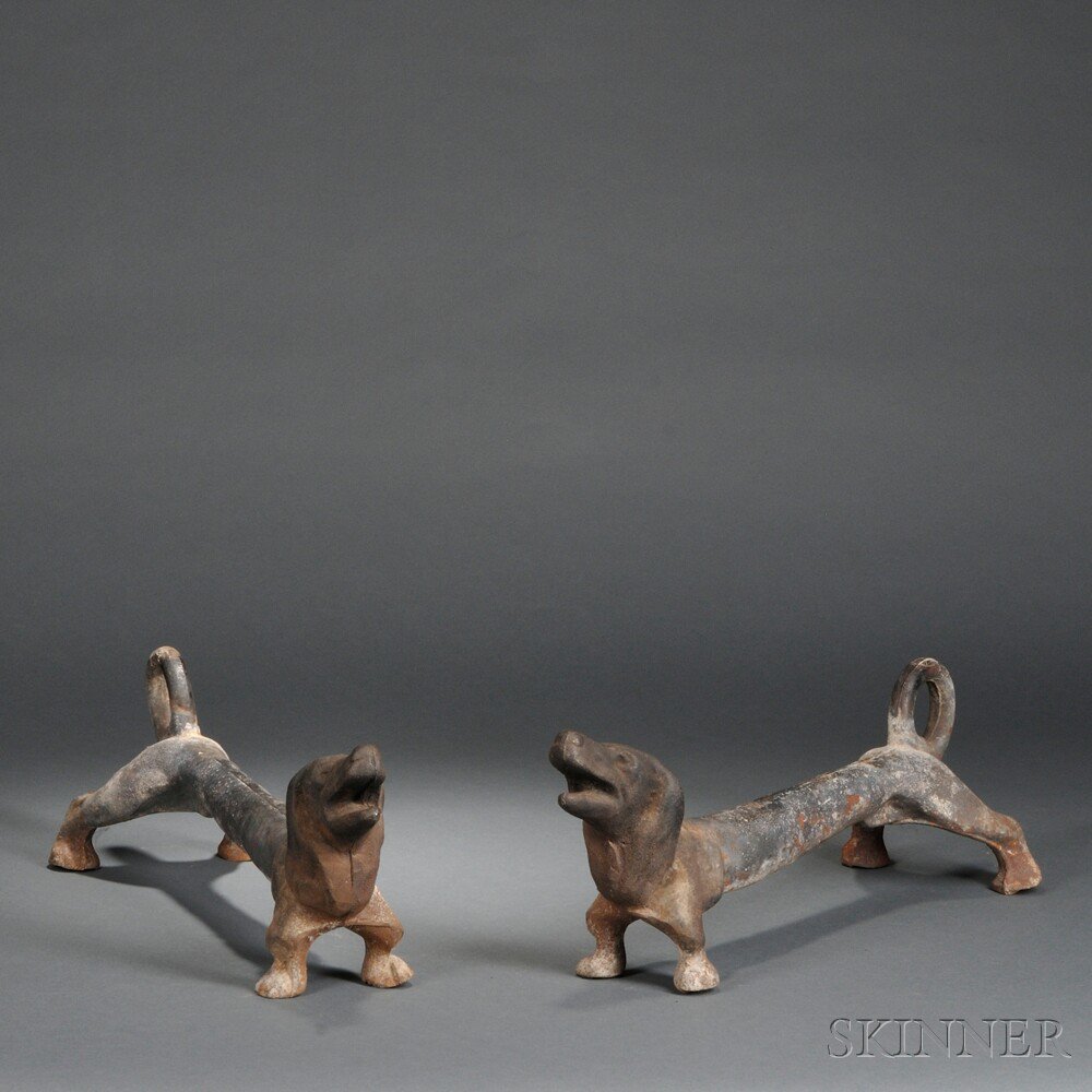 Appraisal: Pair of Cast Iron Dachshund Andirons America th century with