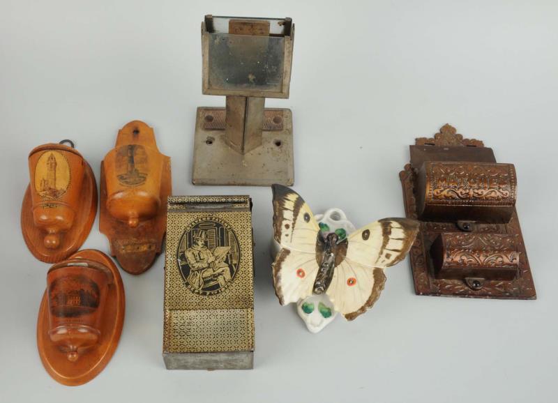 Appraisal: Lot Of Match Holders Three have wooden wall mounts and