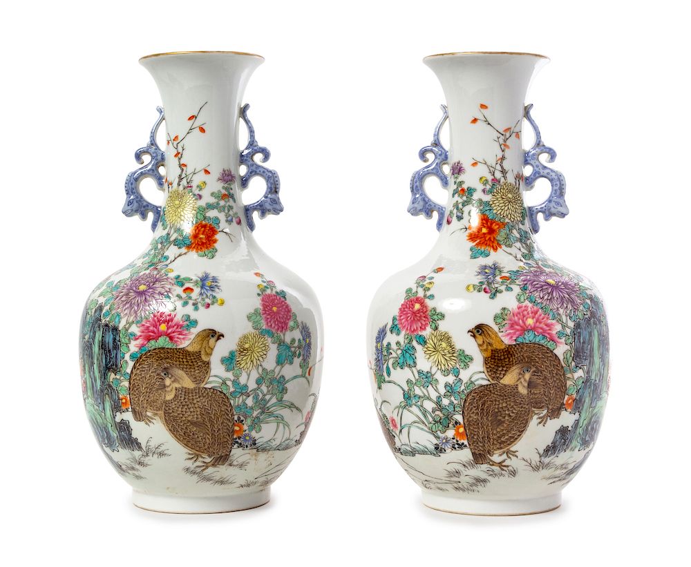 Appraisal: A Pair of Famille Rose Porcelain Vases Each height in