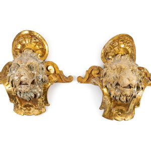 Appraisal: A Pair of English Part Silvered Giltwood Lion Masks SECOND