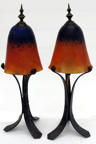 Appraisal: PAIR FRENCH SCHNEIDER ART DECO LAMPS the tripod wrought iron