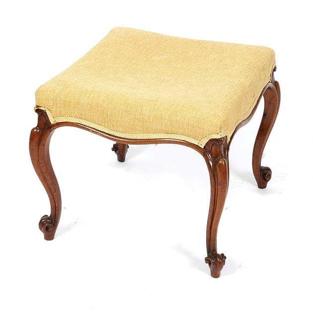 Appraisal: A VICTORIAN WALNUT FRAME SQUARE DRESSING STOOL on cabriole legs