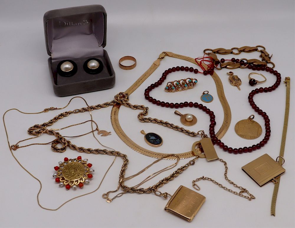 Appraisal: JEWELRY Assorted Gold Jewelry Grouping Includes a single strand garnet