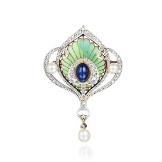 Appraisal: An Art Nouveau Diamond Natural Pearl and Plique Crafted out