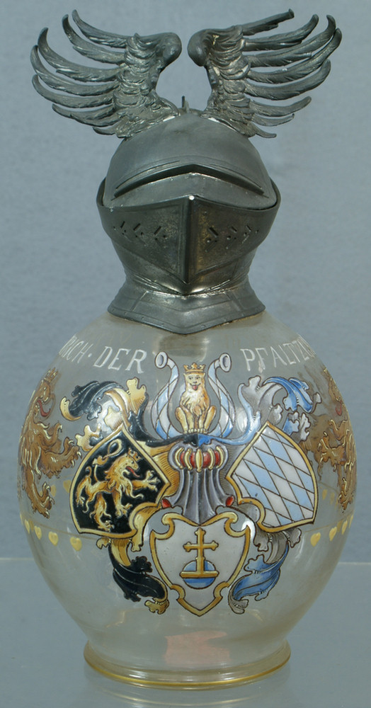 Appraisal: German enameled glass stein with elaborate pewter helmet top elaborate