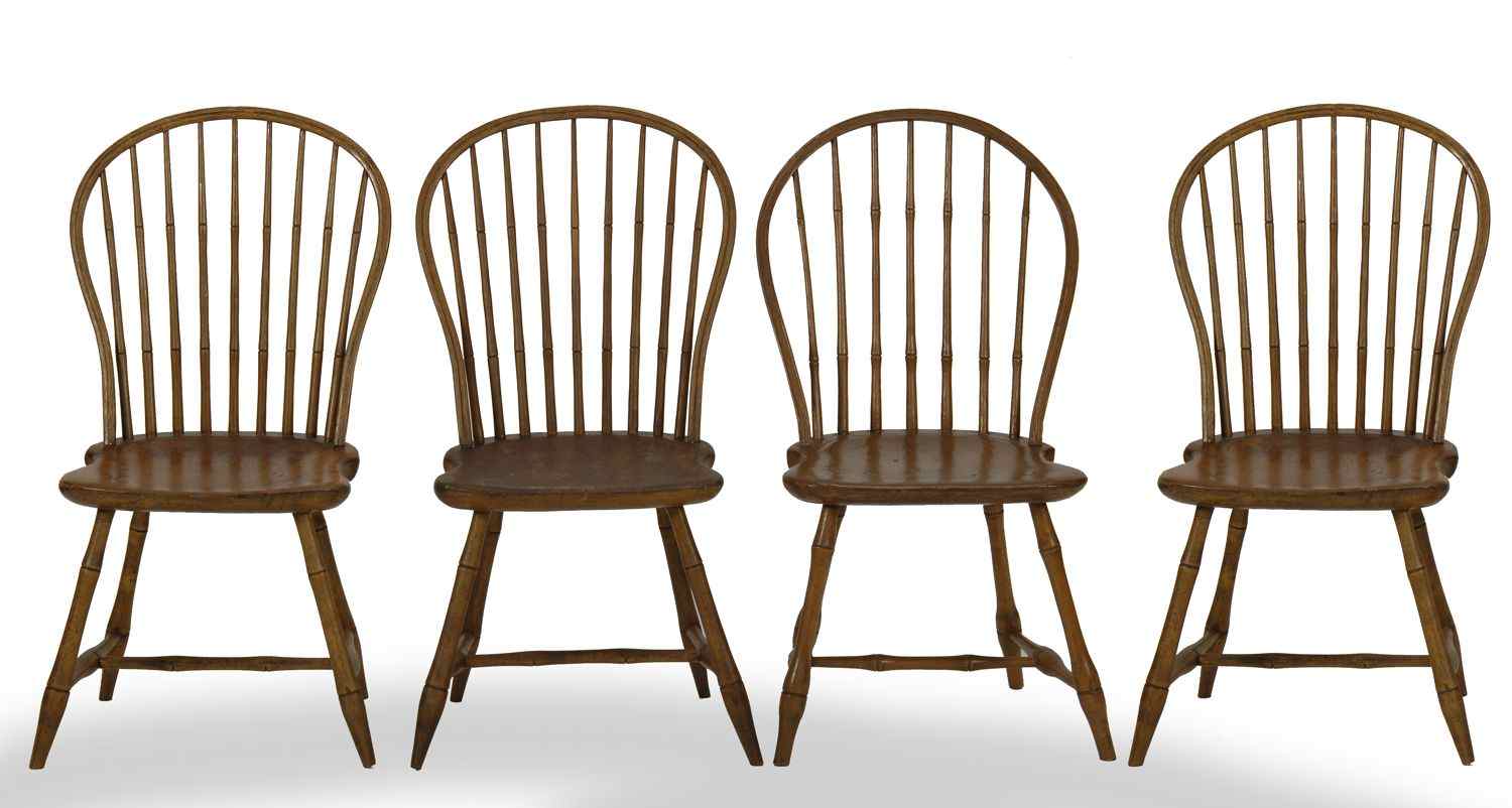 Appraisal: FOUR ANTIQUE AMERICAN BOWBACK WINDSOR SIDE CHAIRSNew England Circa Nine-spindle