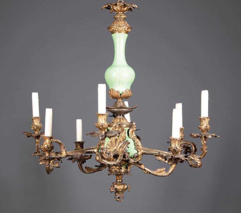 Appraisal: Antique French Gilt Bronze and Green Porcelain Eight-Light Chandelier foliate