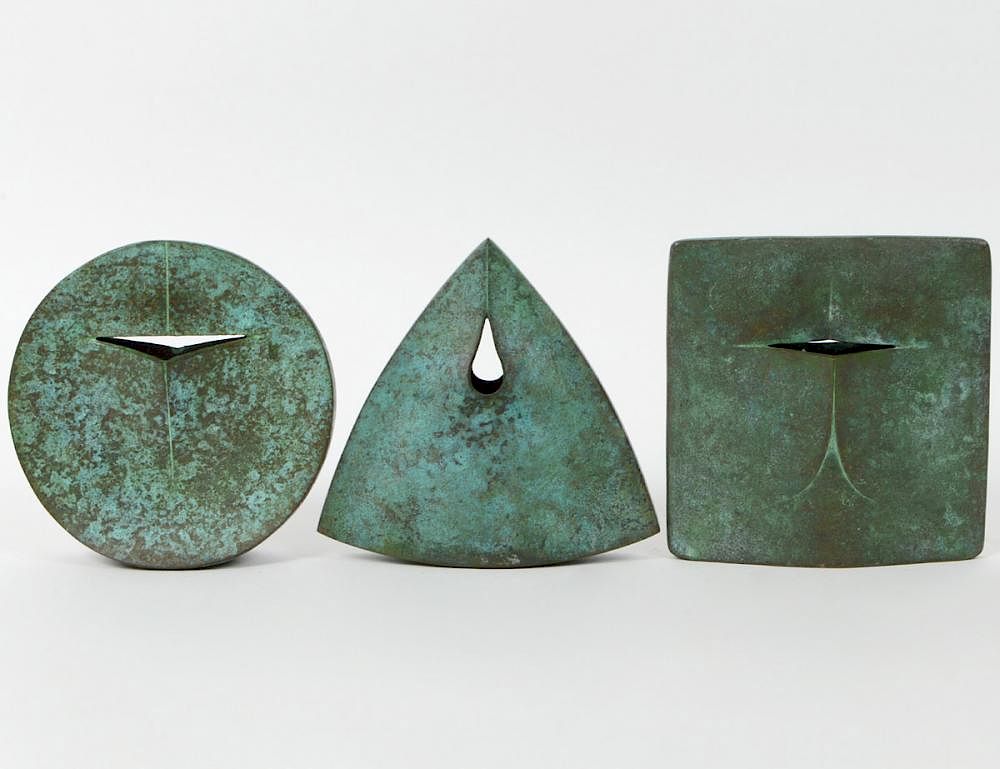 Appraisal: THREE JAPANESE MODERNIST VERDIEGRIS BRONZE VASES th Century Each of