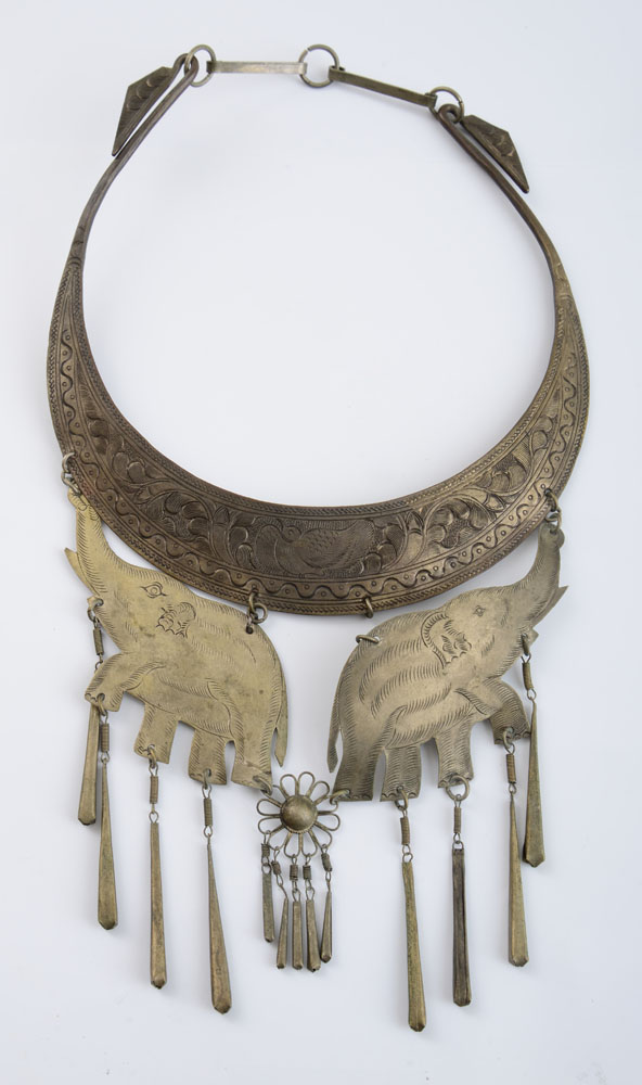 Appraisal: ASIAN ENGRAVED BRASS CRESCENT NECKLACE WITH ELEPHANT PENDANTS AND AN