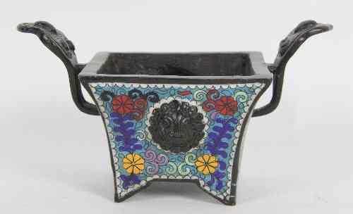 Appraisal: A Chinese bronze and cloisonn enamel censer of square tapering