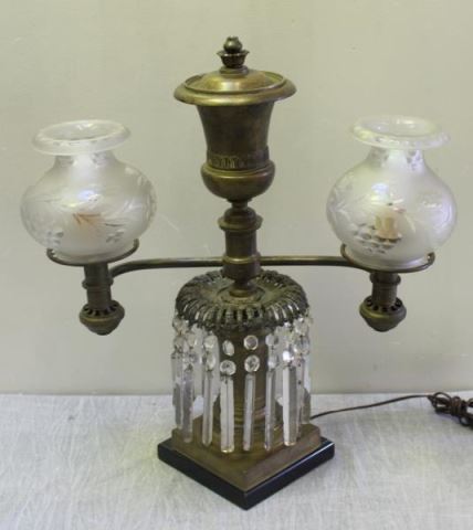 Appraisal: Signed Bronze or Brass Argand Lamp with DropCrystals and Glass