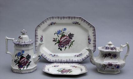 Appraisal: THREE STAFFORDSHIRE TRANSFER-PRINTED TABLE ARTICLES IN THE PERSIAN ROSE PATTERN