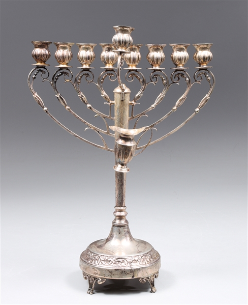 Appraisal: Silver plate blossom motif menorah with ewer snuffer light patina