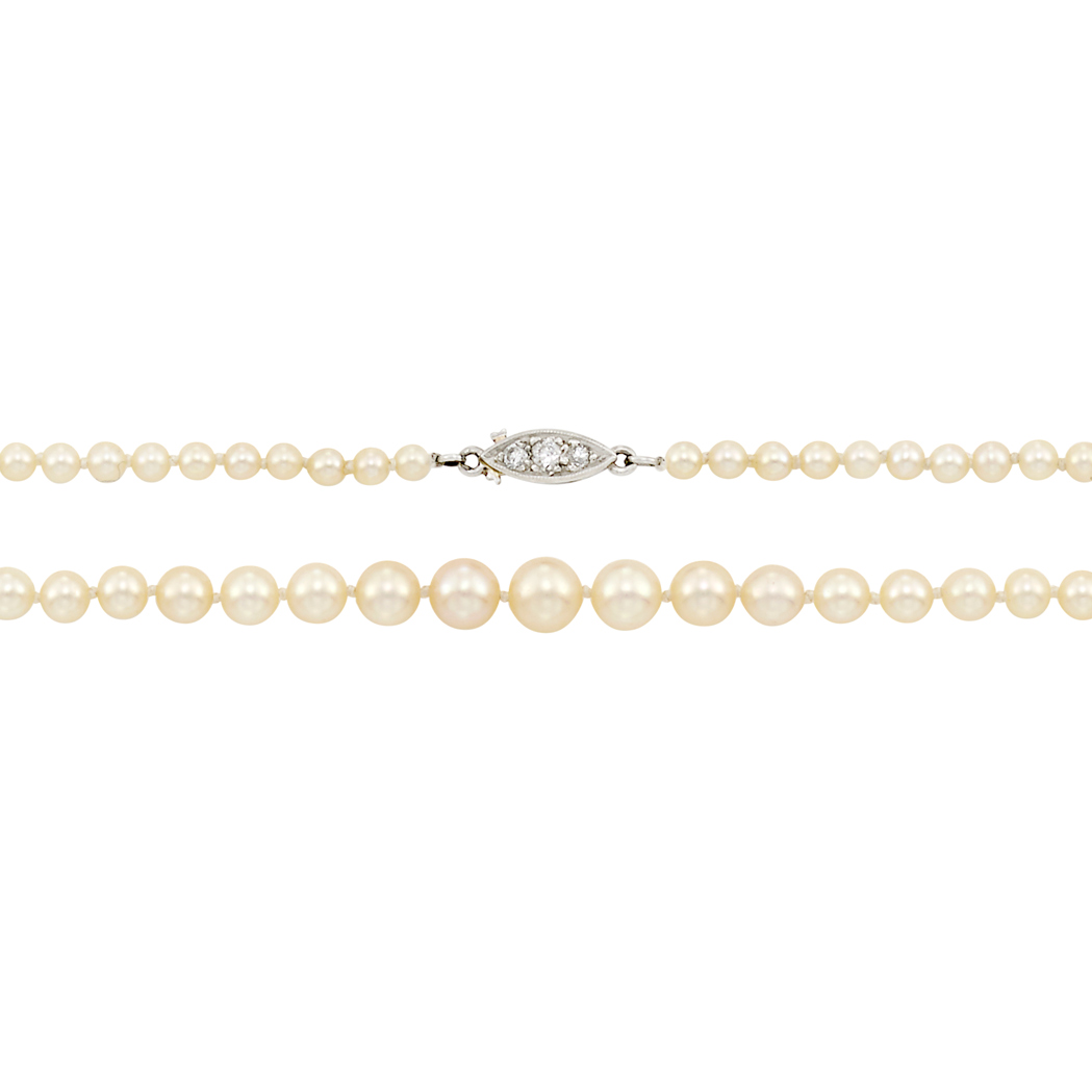 Appraisal: Natural Pearl Necklace with Gold and Diamond Clasp Tiffany Co