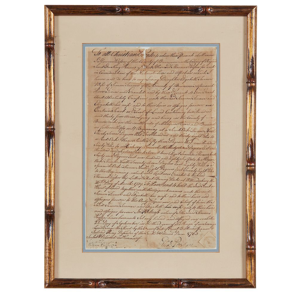 Appraisal: Document Framed handwritten document of a gift and grant by