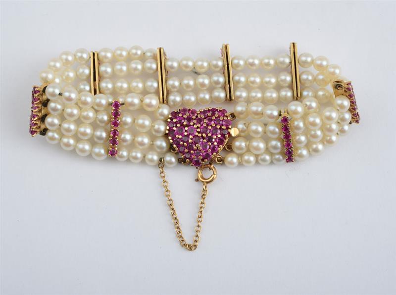 Appraisal: RETRO K GOLD CULTURED PEARL AND RUBY BRACELET TIFFANY CO