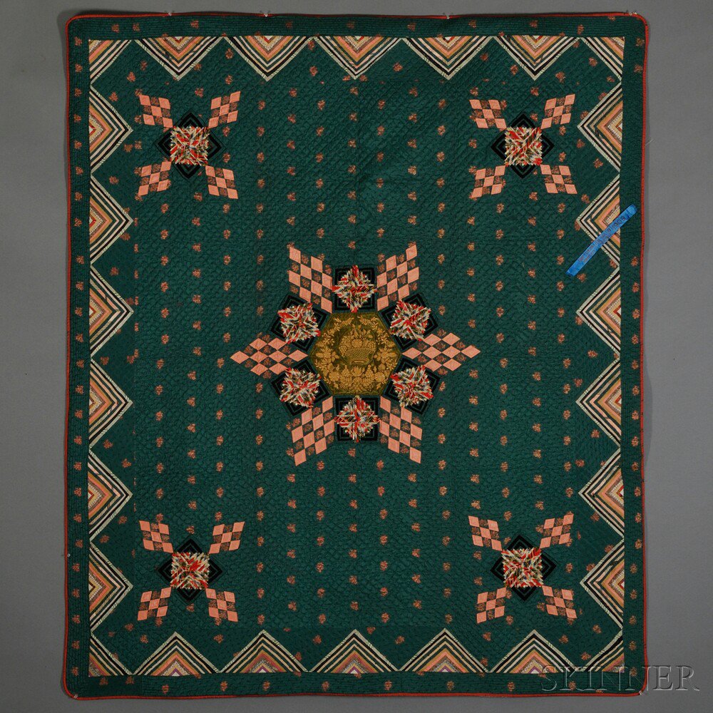 Appraisal: Pieced Silk Brocade and Embroidered Velvet Geometric Star Quilt Tennessee