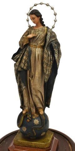 Appraisal: Continental wax figure Madonna Saint Mary silver-tone metal halo painted