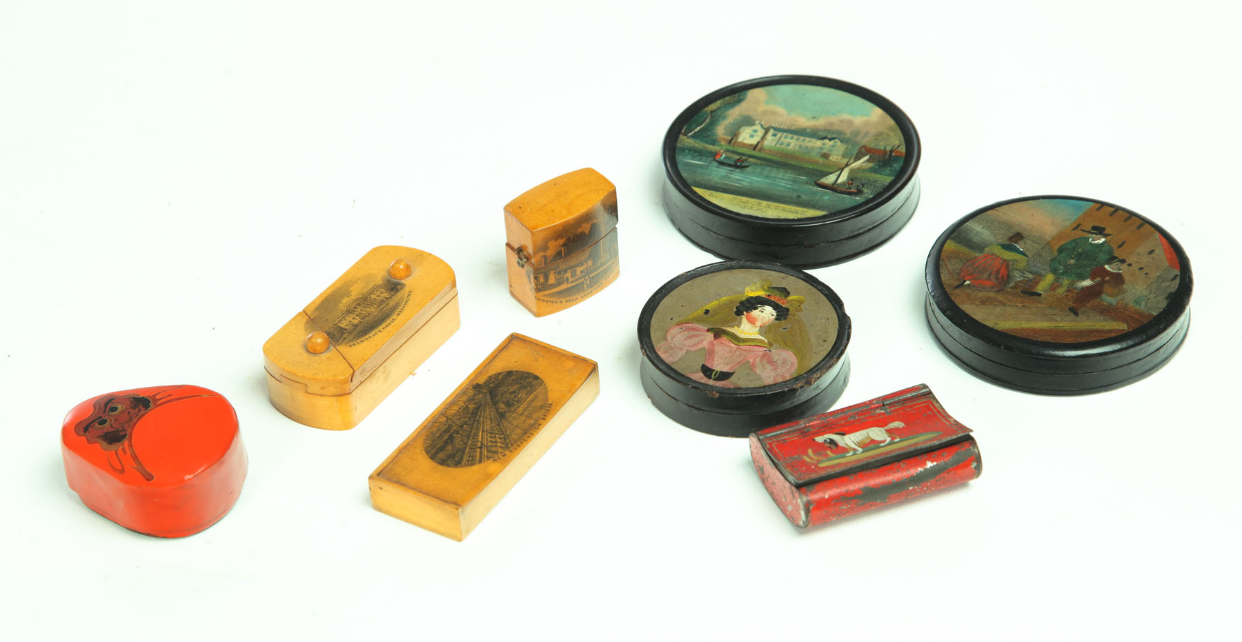 Appraisal: EIGHT SNUFFS AND MAUCHLINWARE BOXES Europe and Japan th- th