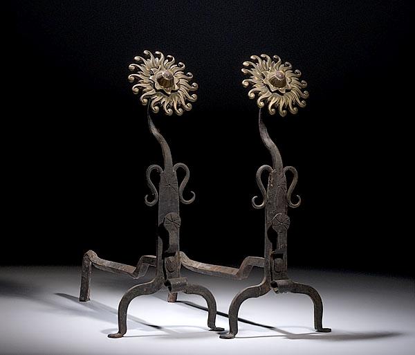 Appraisal: PAIR OF SUNFLOWER ANDIRONS American th century in wrought iron