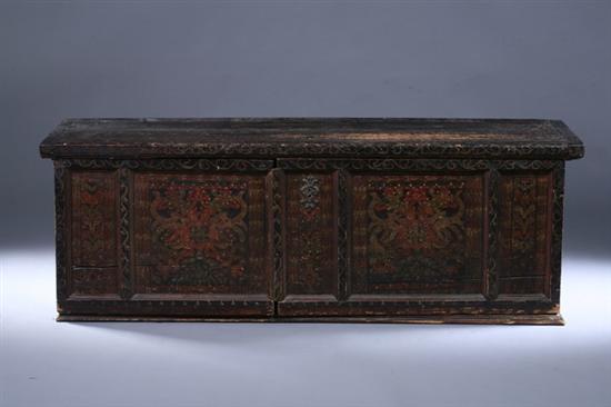 Appraisal: EASTERN EUROPEAN PANEL-FRONT DOWER CHEST early th century with polychrome