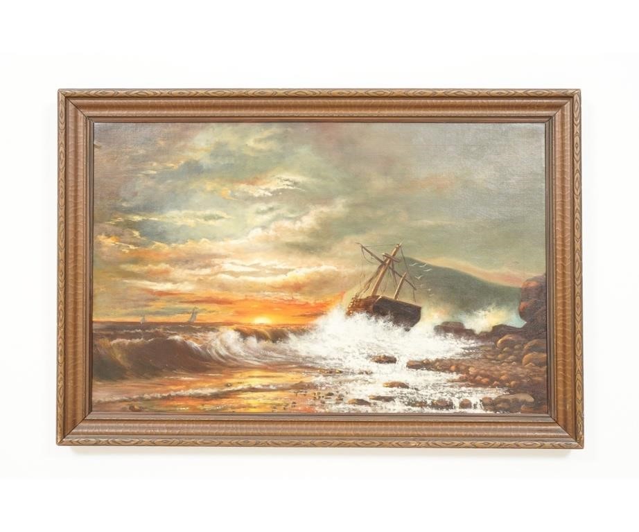 Appraisal: Large oil on canvas ship wreck at sunset late th