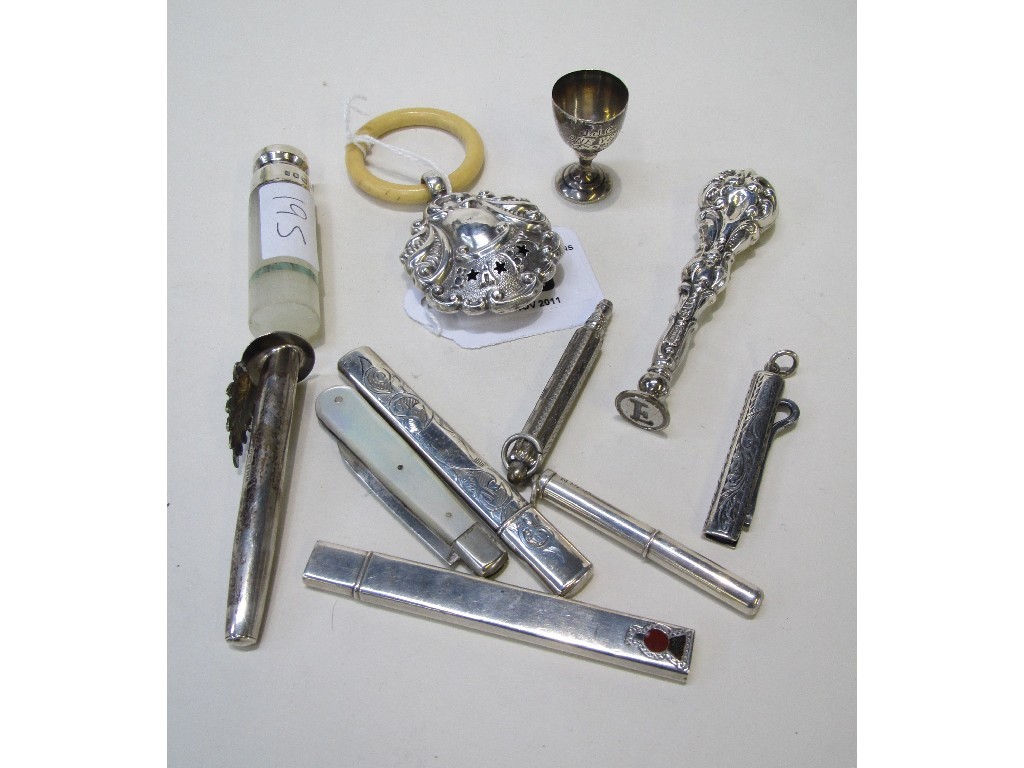 Appraisal: Lot comprising baby rattle silver pencil holders seal etc