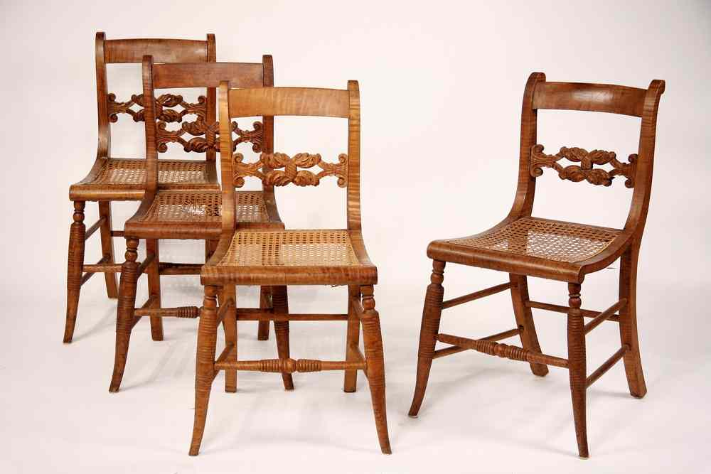 Appraisal: SET OF TIGER MAPLE CANED DINING CHAIRS - Country Sheraton