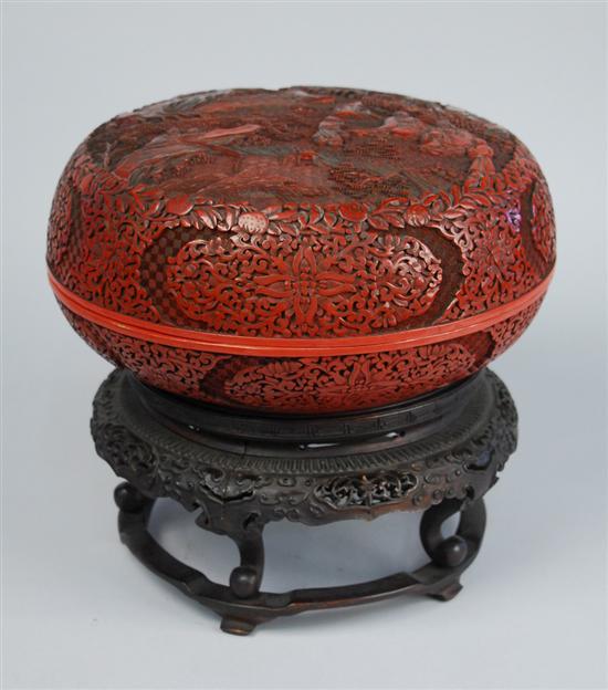 Appraisal: CHINESE CINNABAR LACQUER ROUND COVERED BOX Ming Dynasty with carved