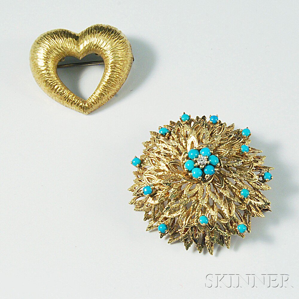 Appraisal: kt Gold Heart-form Brooch and a kt Gold and Turquoise