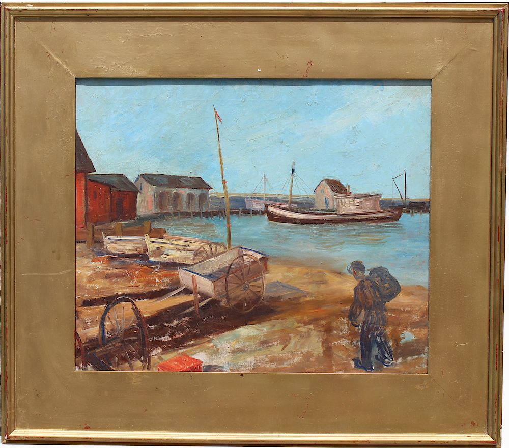 Appraisal: American School ' Harbor Scene with Figure American School '