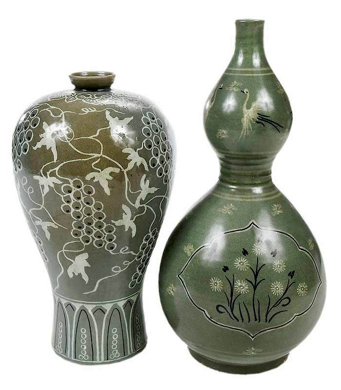 Appraisal: Two Large Korean Celadon Vases double gourd form bird and