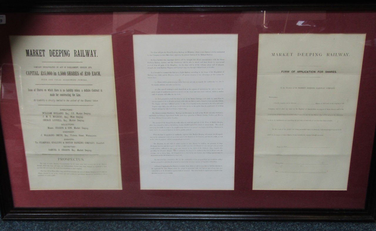 Appraisal: A Market Deeping Railway three page prospectus framed and glazed