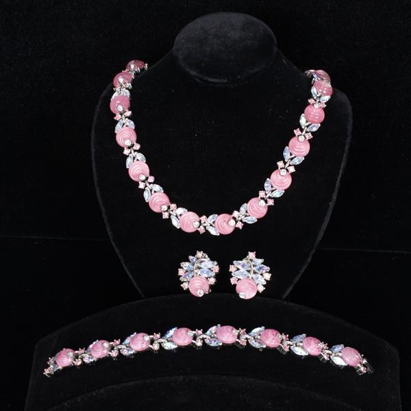 Appraisal: Trifari pc Pink Necklace Bracelet Clip on Earrings Necklace